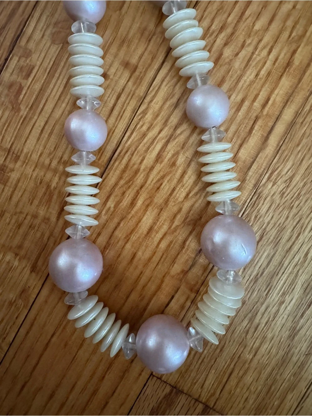 Vintage Pearl-Look Pink Beaded Necklace with Cream Disk Accents